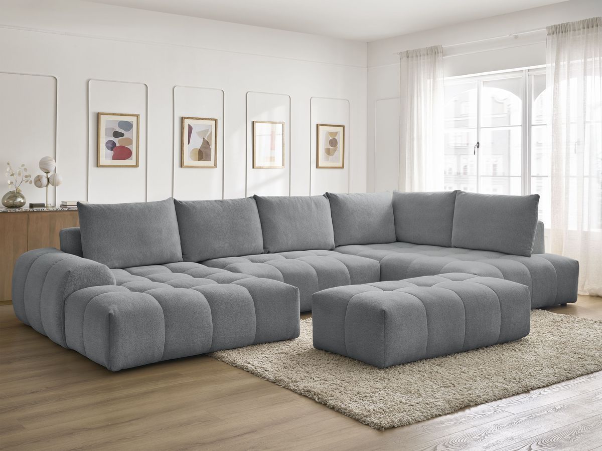 Canapé panoramique convertible coffre EVEREST tissu chiné avec pouf gris foncé angle gauche BOBOCHIC 7 places - Vue supplémentaire 3