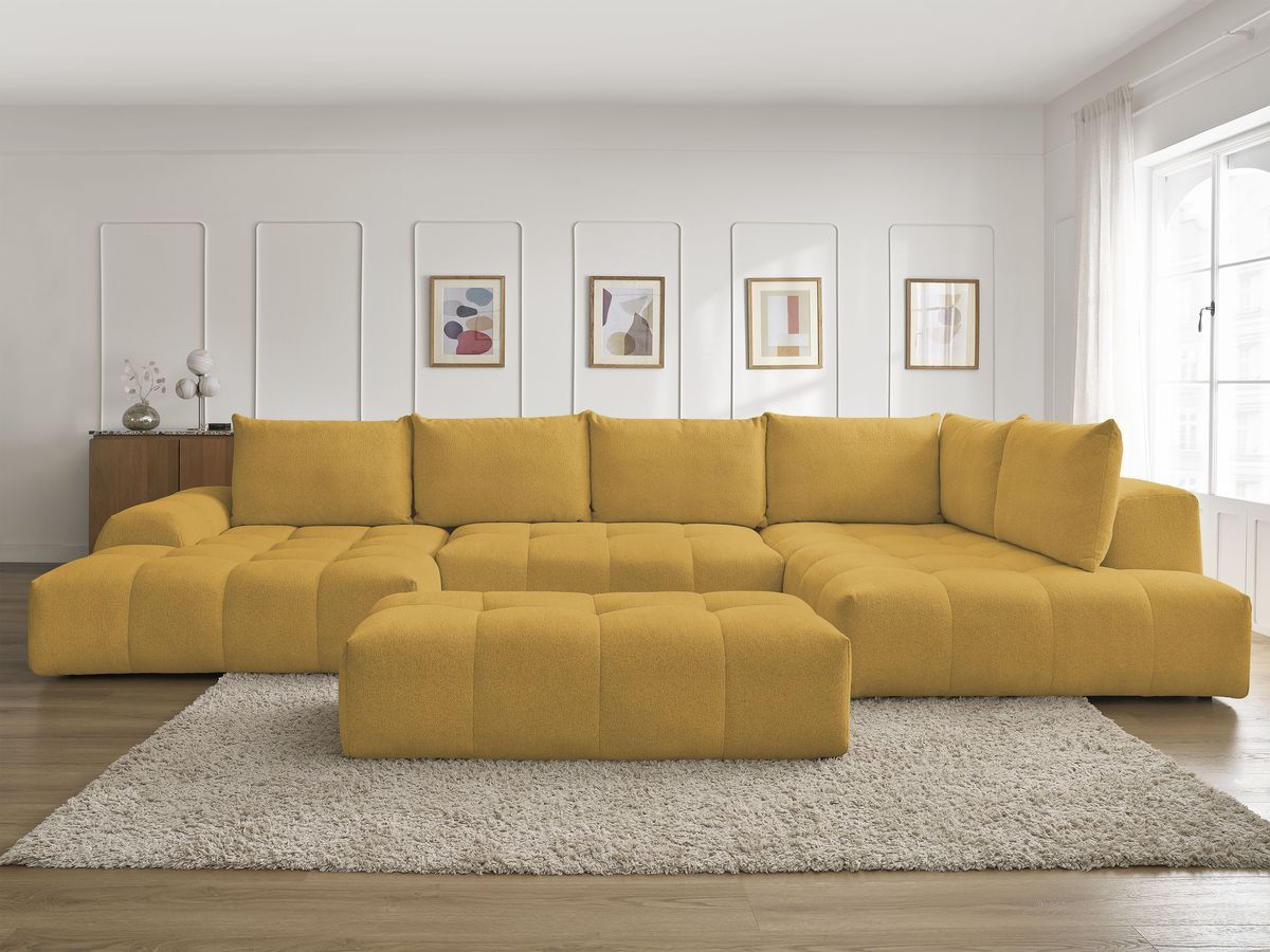 Canapé panoramique convertible coffre EVEREST tissu chiné avec pouf jaune angle gauche BOBOCHIC 7 places - Vue supplémentaire 3