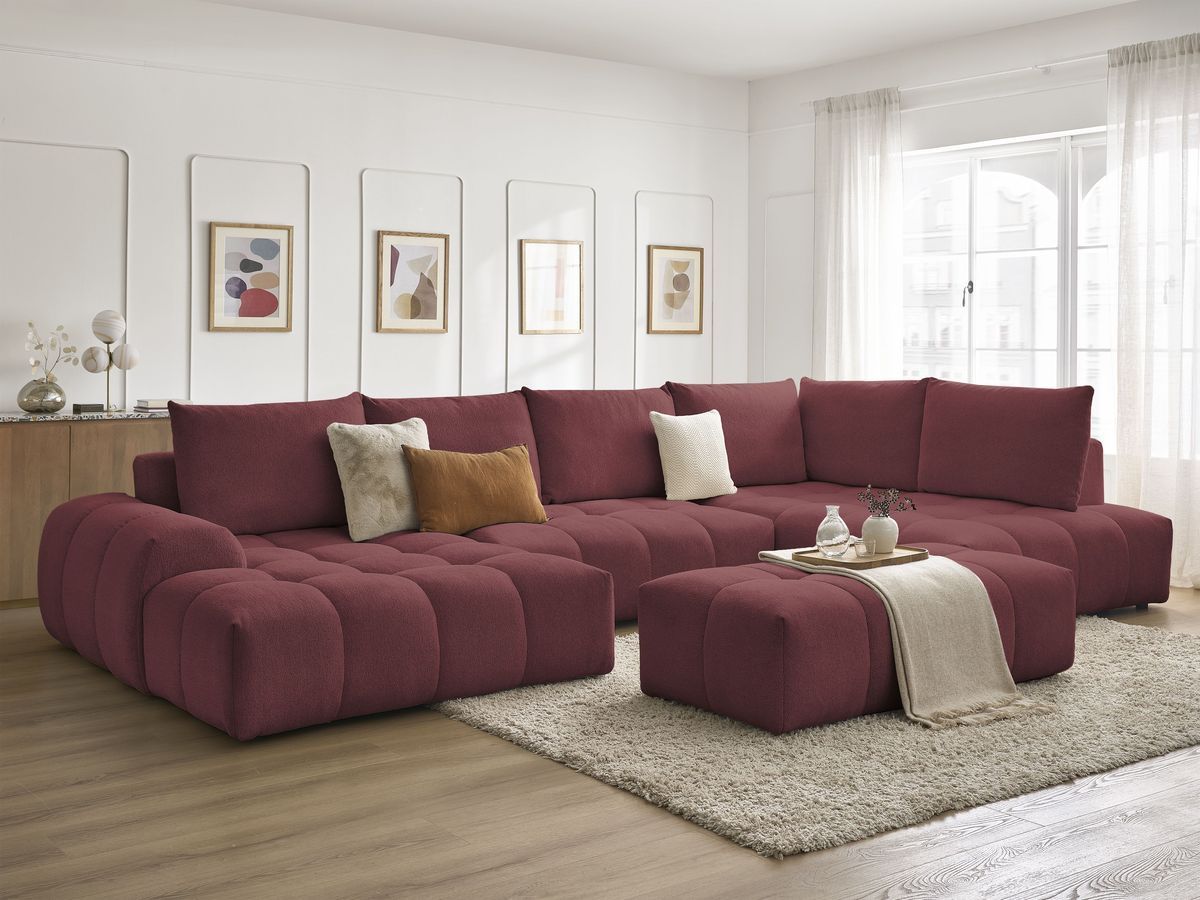 Canapé panoramique convertible coffre EVEREST tissu chiné avec pouf rouge  angle gauche BOBOCHIC 7 places