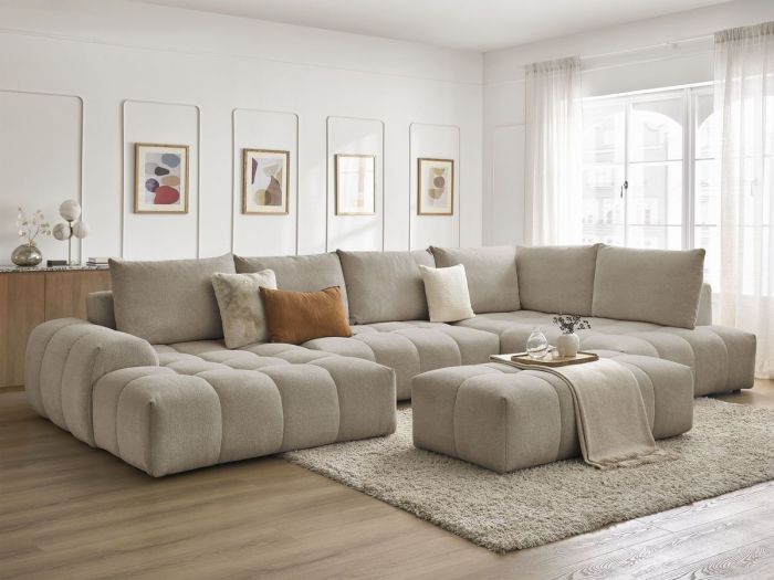 Canapé panoramique convertible coffre EVEREST tissu chiné avec pouf