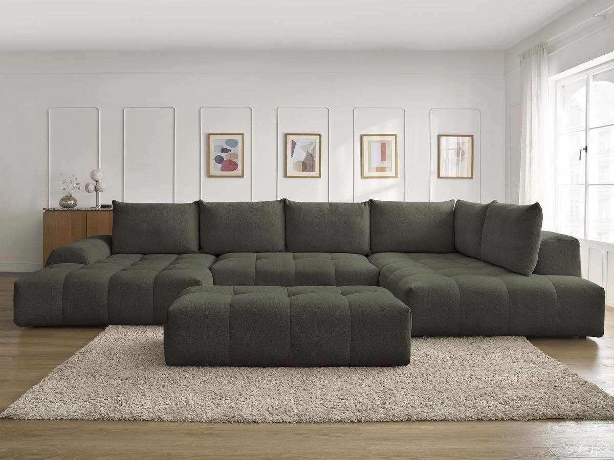 Canapé panoramique convertible coffre EVEREST tissu chiné avec pouf vert angle gauche BOBOCHIC 7 places - Vue supplémentaire 3