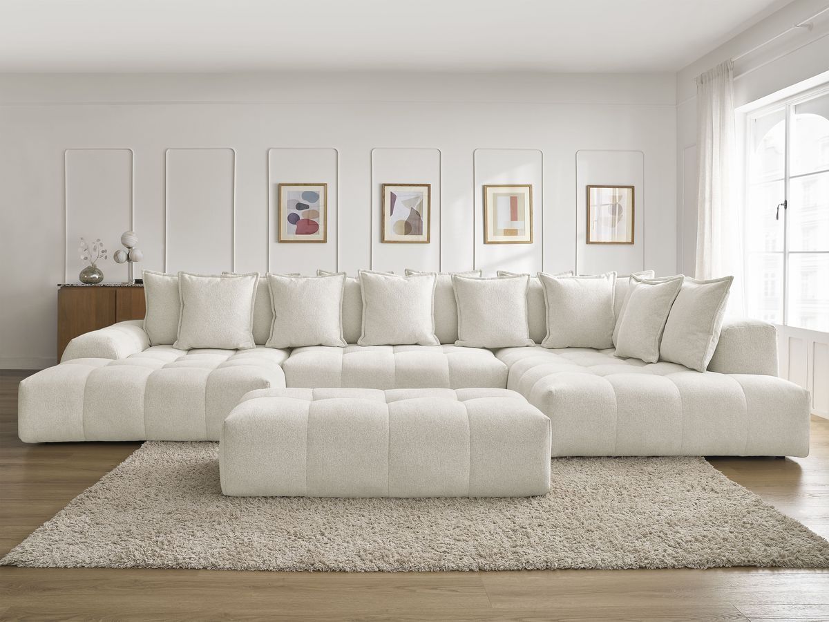 Canapé panoramique convertible coffre EVEREST tissu chiné avec pouf blanc angle gauche BOBOCHIC 7 places - Vue supplémentaire 3