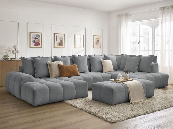 Canapé panoramique convertible coffre EVEREST tissu chiné avec pouf