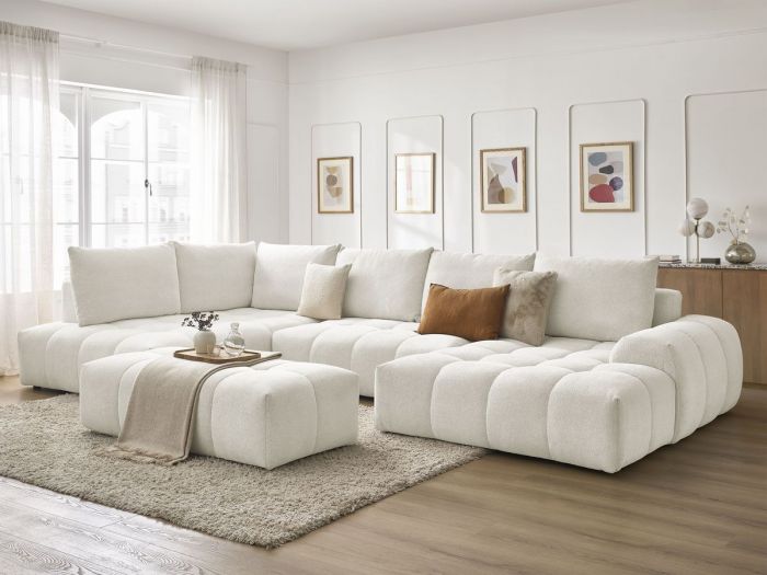 Canapé panoramique convertible coffre EVEREST tissu chiné avec pouf