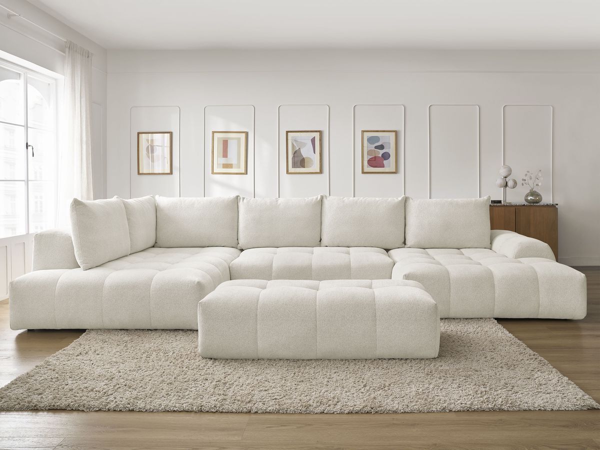 Canapé panoramique convertible coffre EVEREST chiné avec pouf blanc — vue 5