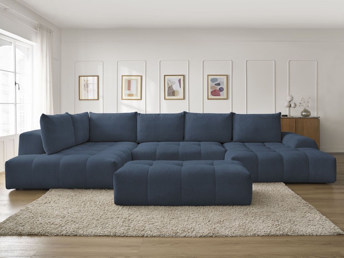 Canapé panoramique convertible coffre EVEREST chiné avec pouf bleu foncé — vue 5