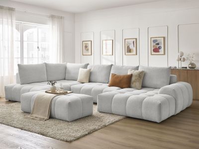 Canapé panoramique convertible coffre EVEREST tissu chiné avec pouf