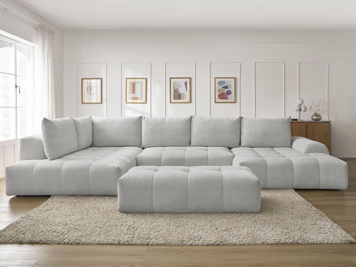 Canapé panoramique convertible coffre EVEREST chiné avec pouf gris clair — vue 5