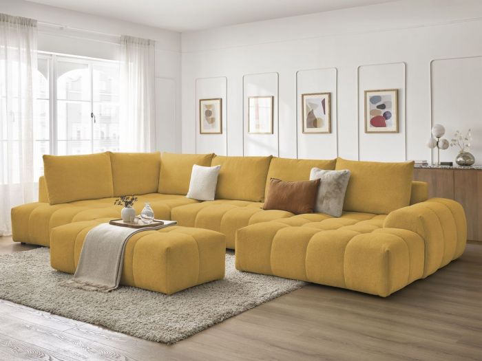 Canapé panoramique convertible coffre EVEREST tissu chiné avec pouf