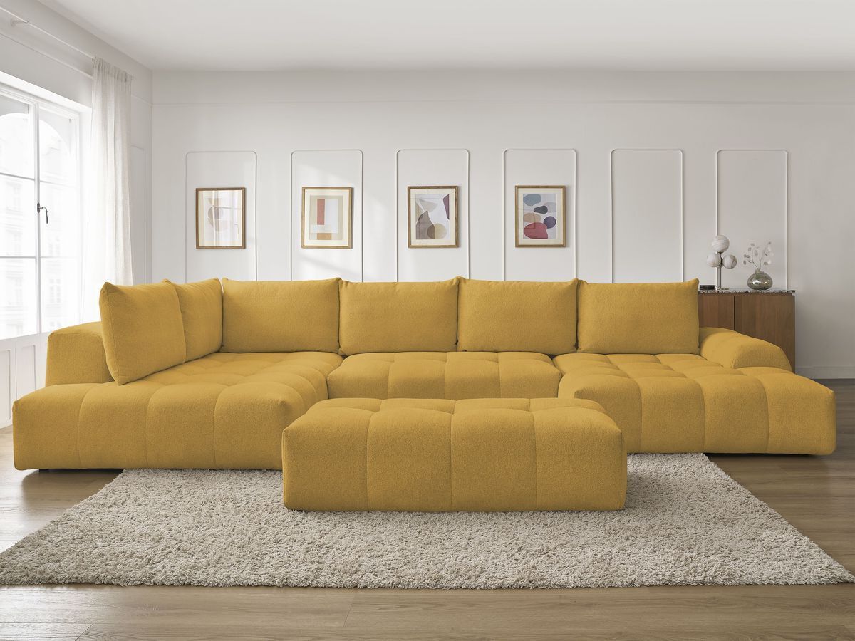 Canapé panoramique convertible coffre EVEREST chiné avec pouf jaune — vue 5
