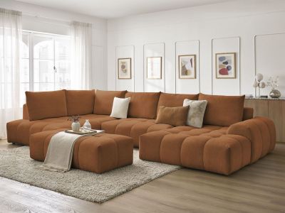 Canapé panoramique convertible coffre EVEREST tissu chiné avec pouf