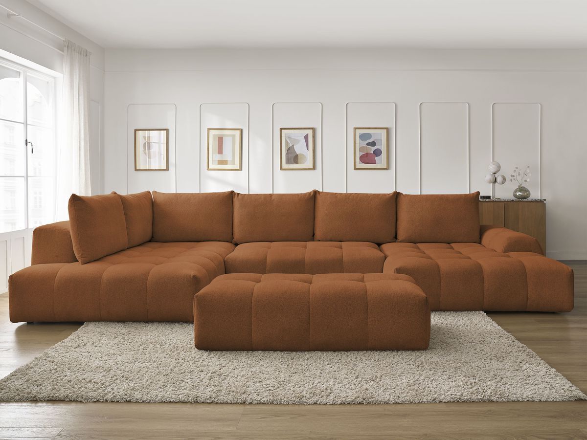 Canapé panoramique convertible coffre EVEREST chiné avec pouf orange — vue 5