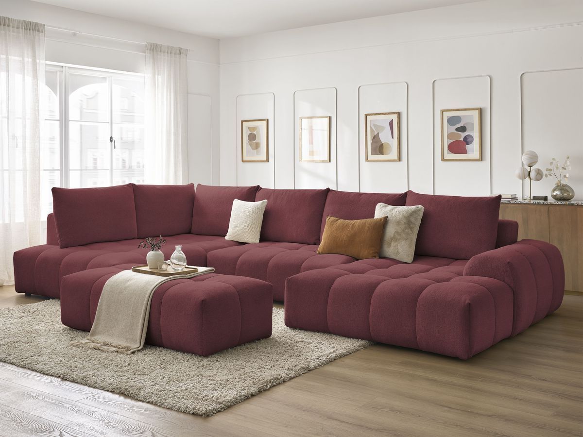 Canapé panoramique convertible coffre EVEREST tissu chiné avec pouf rouge  angle droit BOBOCHIC 7 places