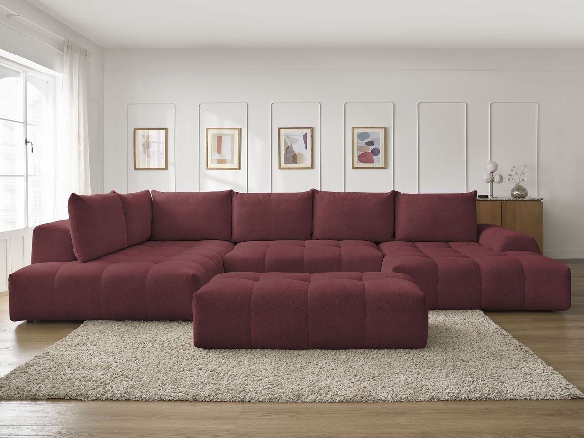 Canapé panoramique convertible coffre EVEREST chiné avec pouf rouge — vue 5