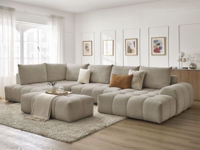 Canapé panoramique convertible coffre EVEREST tissu chiné avec pouf