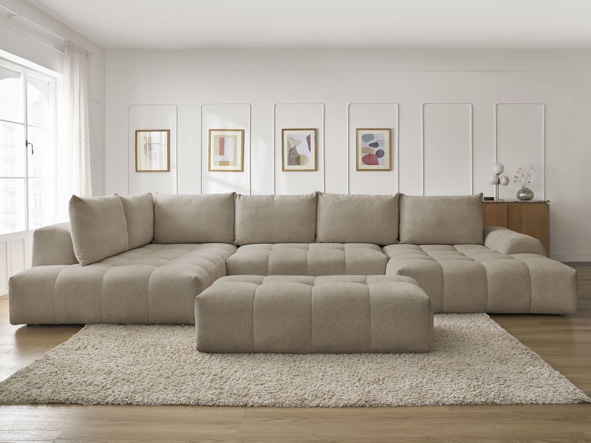 Canapé panoramique convertible coffre EVEREST chiné avec pouf taupe — vue 5