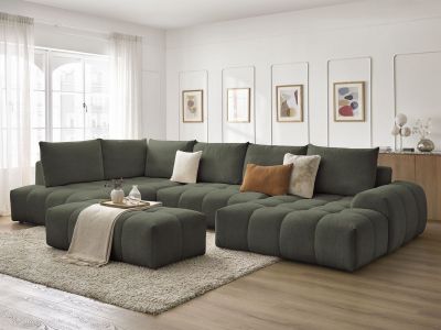 Canapé panoramique convertible coffre EVEREST tissu chiné avec pouf