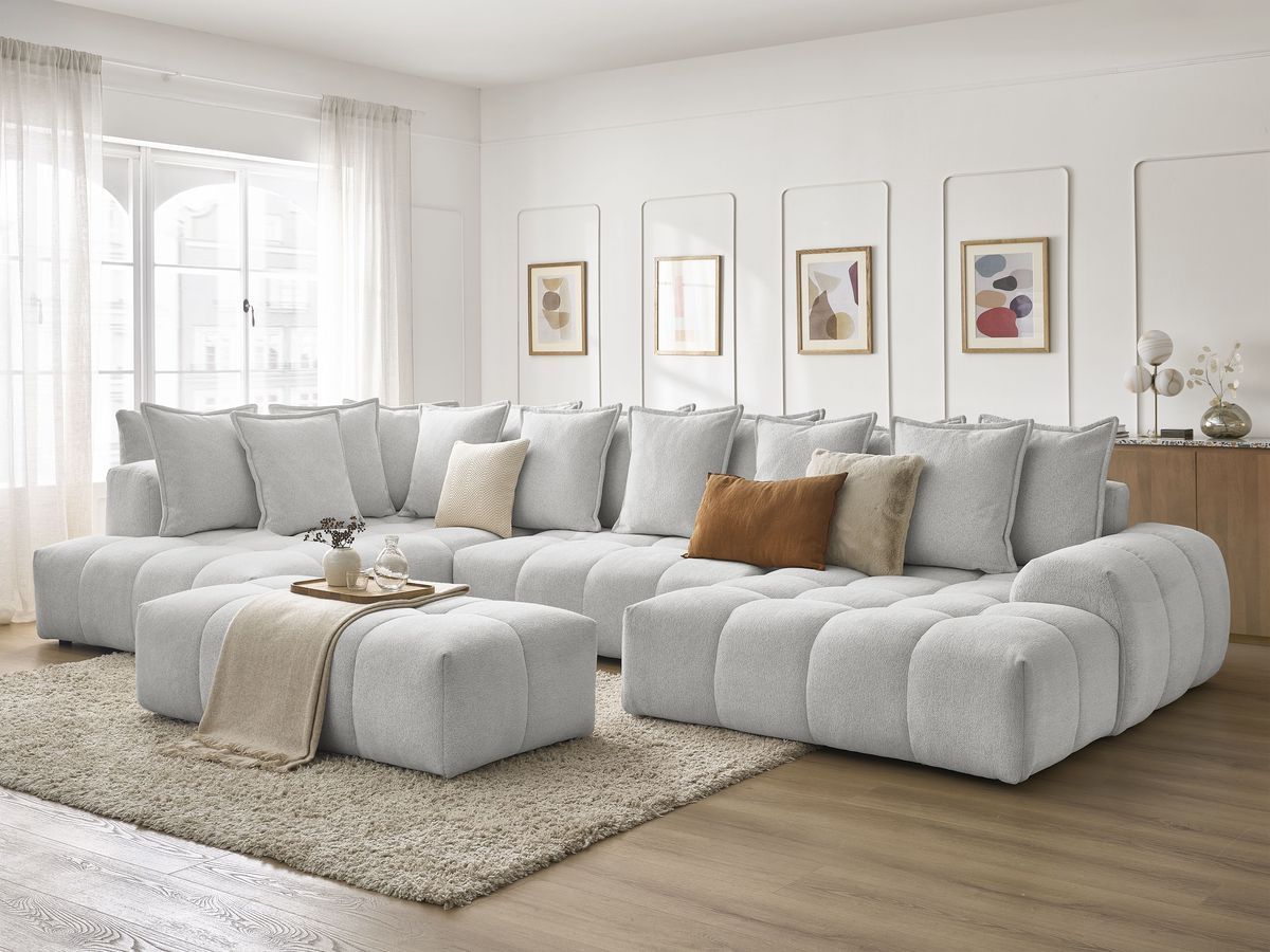 Canapé panoramique convertible coffre EVEREST tissu chiné avec pouf gris clair  angle droit BOBOCHIC 7 places