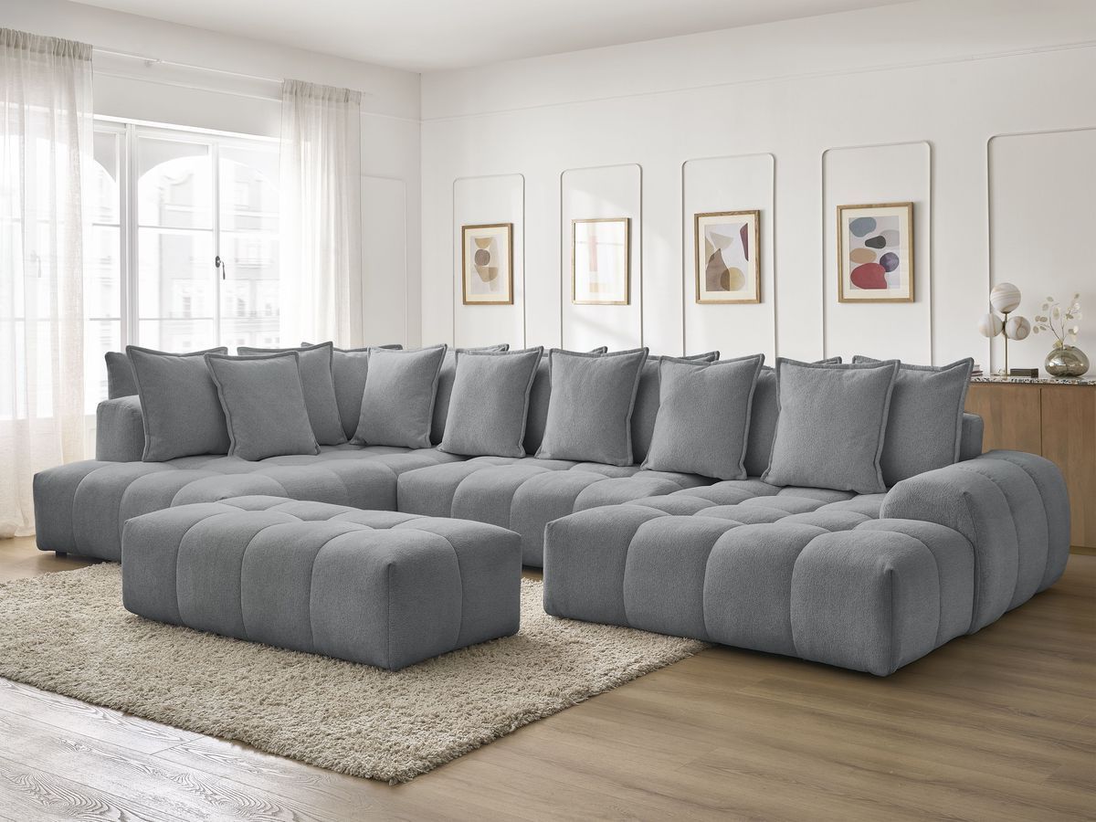 Canapé panoramique convertible coffre EVEREST tissu chiné avec pouf gris foncé angle droit BOBOCHIC 7 places - Vue supplémentaire 3