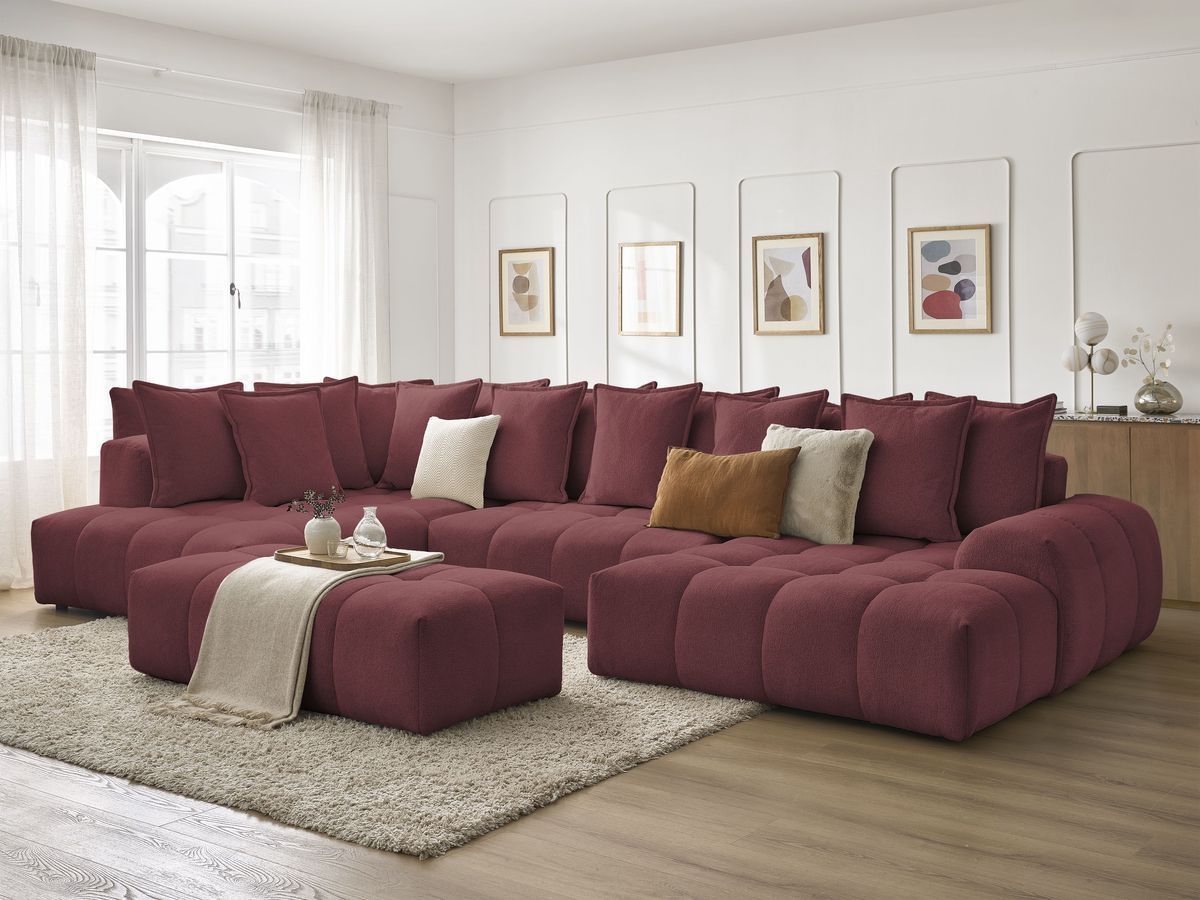 Canapé panoramique convertible coffre EVEREST tissu chiné avec pouf rouge  angle droit BOBOCHIC 7 places
