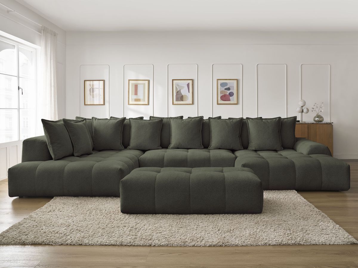 Canapé panoramique convertible coffre EVEREST tissu chiné avec pouf vert angle droit BOBOCHIC 7 places - Vue supplémentaire 3