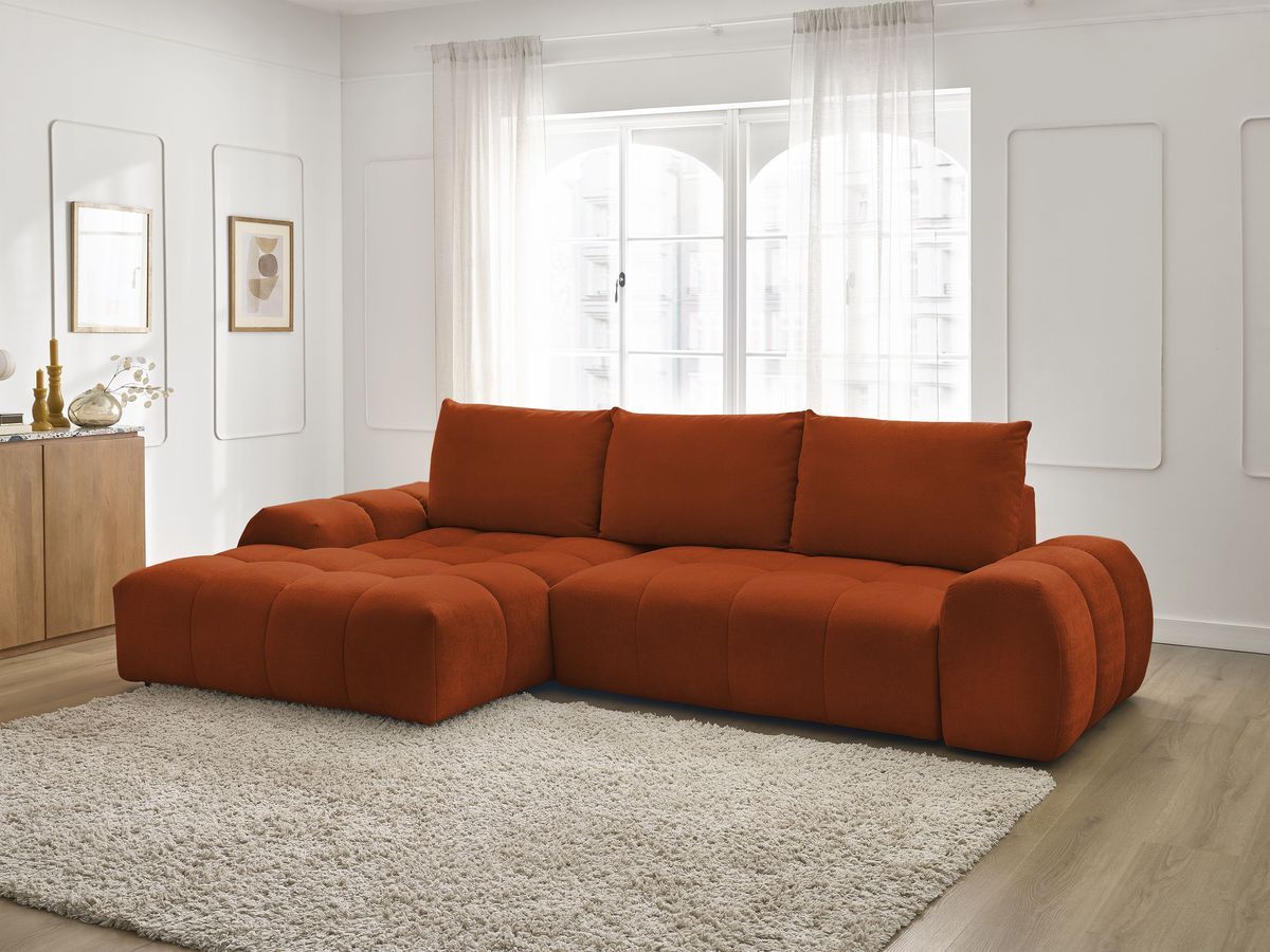 Canapé d'angle convertible coffre EVEREST tissu texturé orange angle gauche BOBOCHIC 3 places - Vue supplémentaire 3