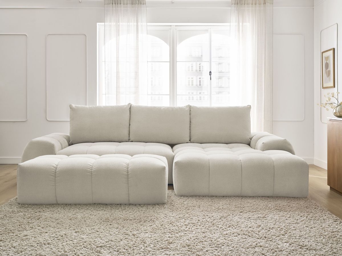 Canapé d'angle convertible coffre EVEREST tissu texturé avec pouf