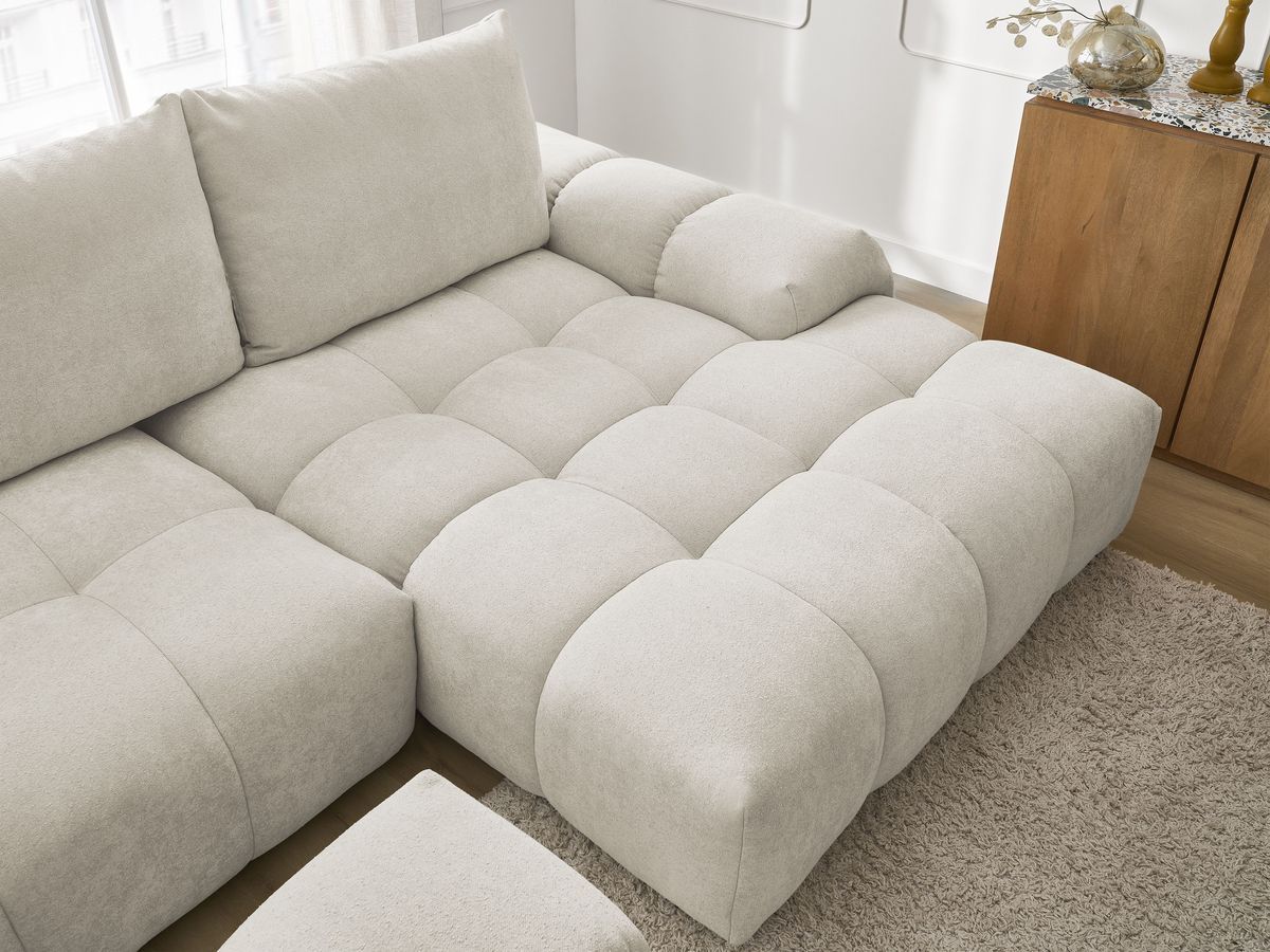 Canapé d'angle convertible coffre EVEREST tissu texturé avec pouf