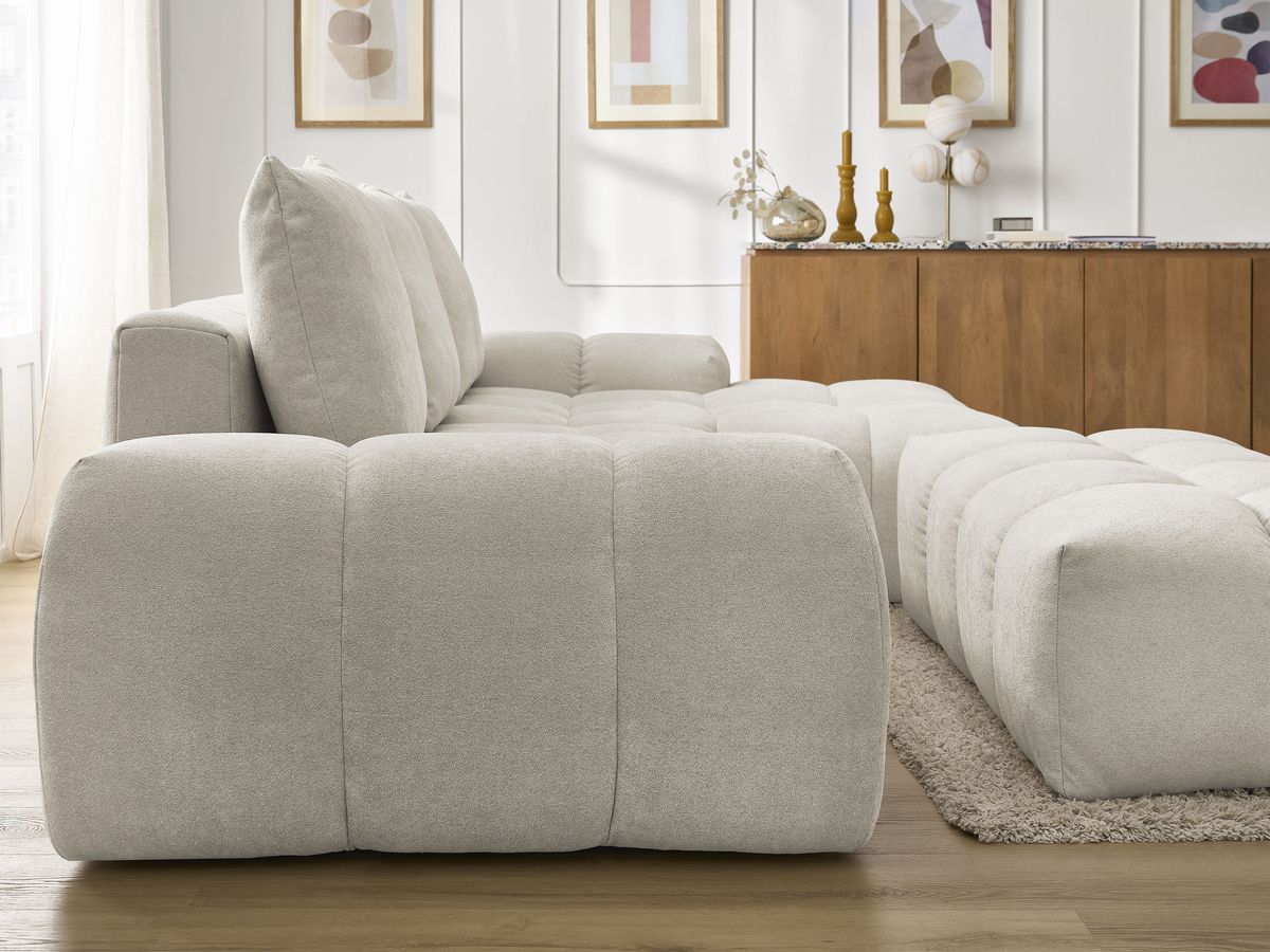 Canapé d'angle convertible coffre EVEREST tissu texturé avec pouf
