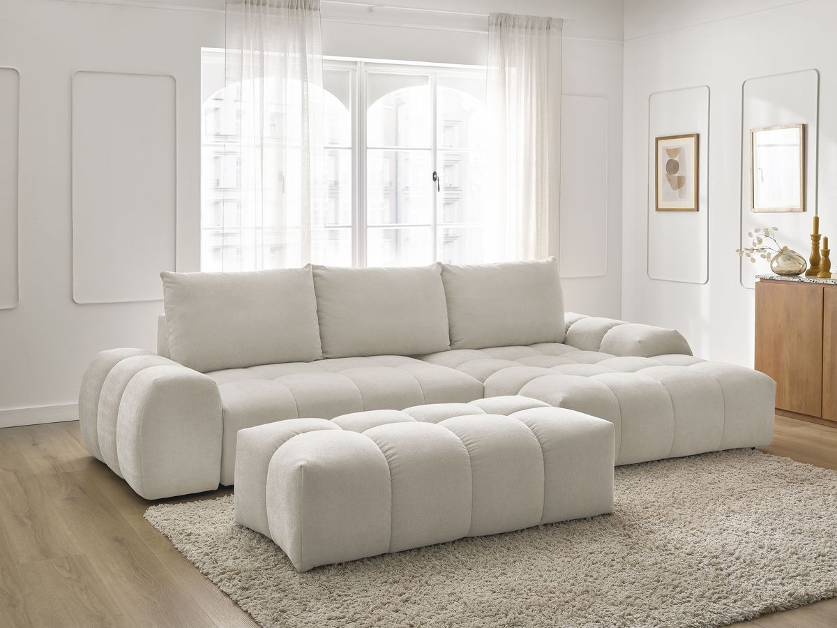 Canapé d'angle convertible coffre EVEREST texturé avec pouf blanc — vue 5