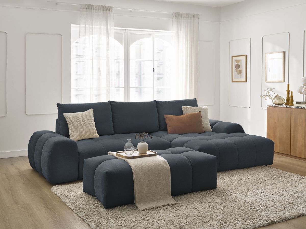 Canapé d'angle convertible coffre EVEREST tissu texturé avec pouf
