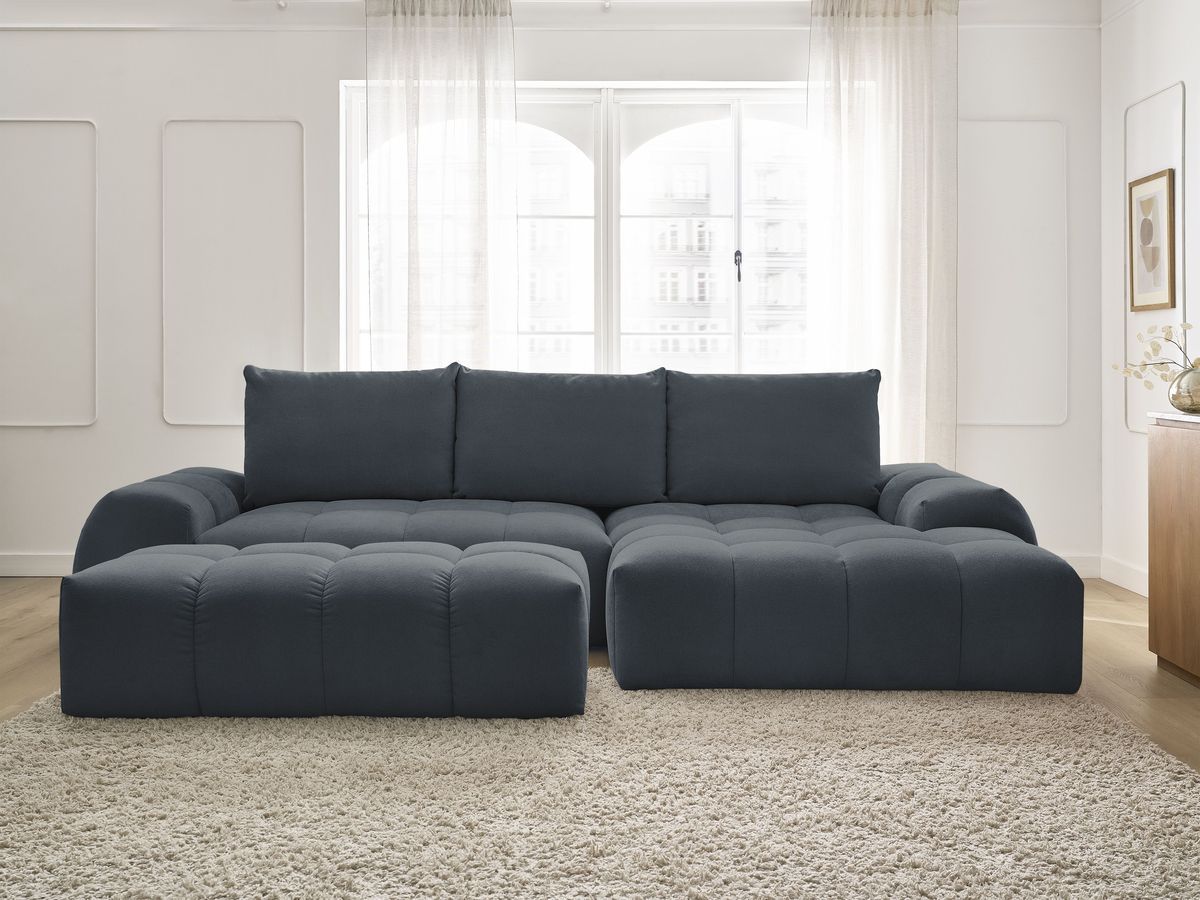 Canapé d'angle convertible coffre EVEREST tissu texturé avec pouf
