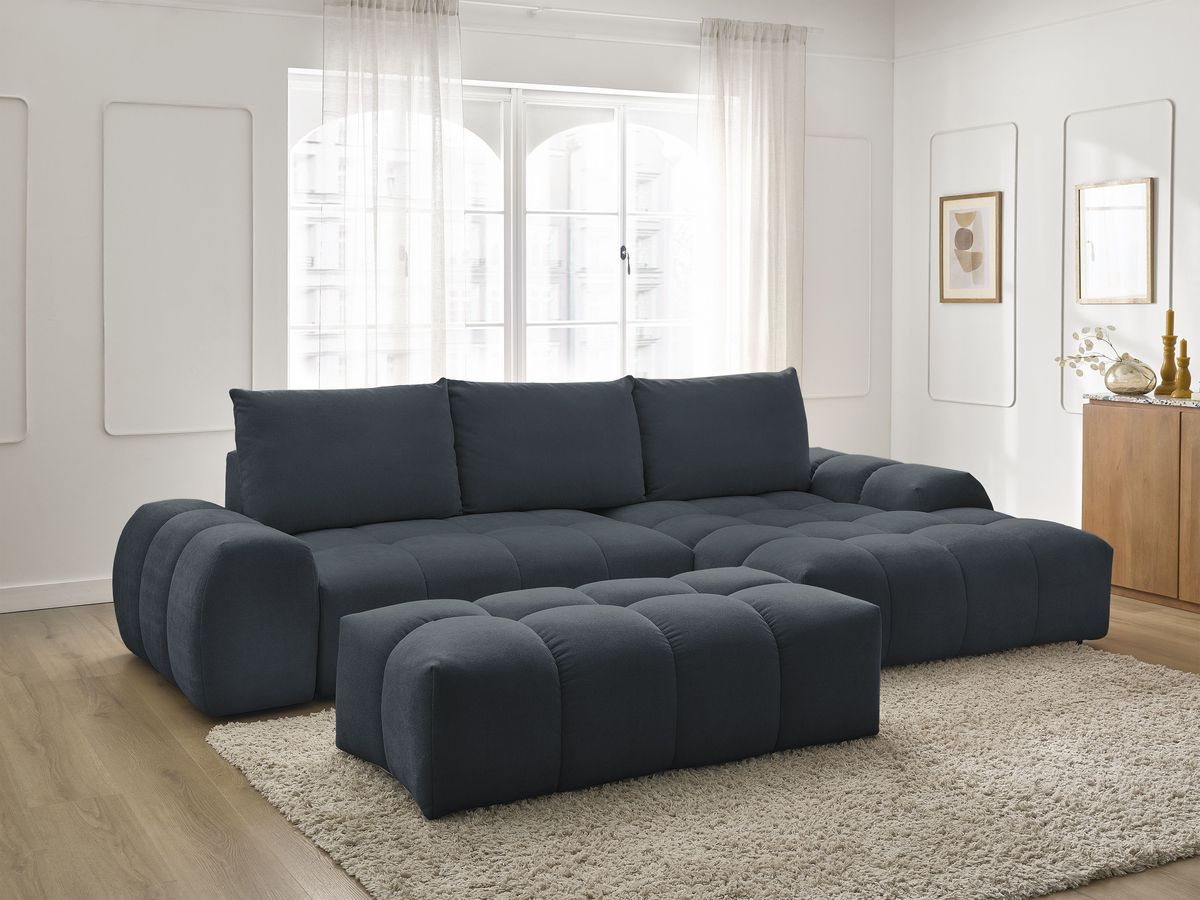 Canapé d'angle convertible coffre EVEREST texturé avec pouf bleu — vue 5