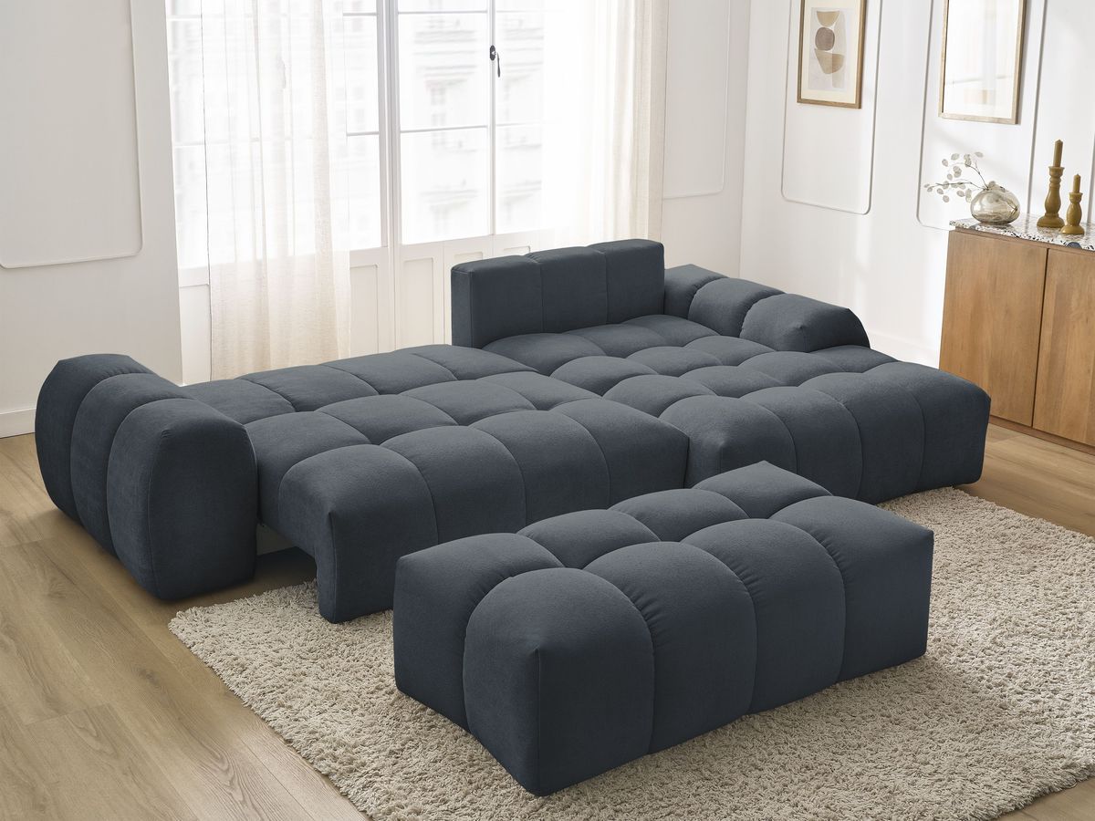 Canapé d'angle convertible coffre EVEREST tissu texturé avec pouf