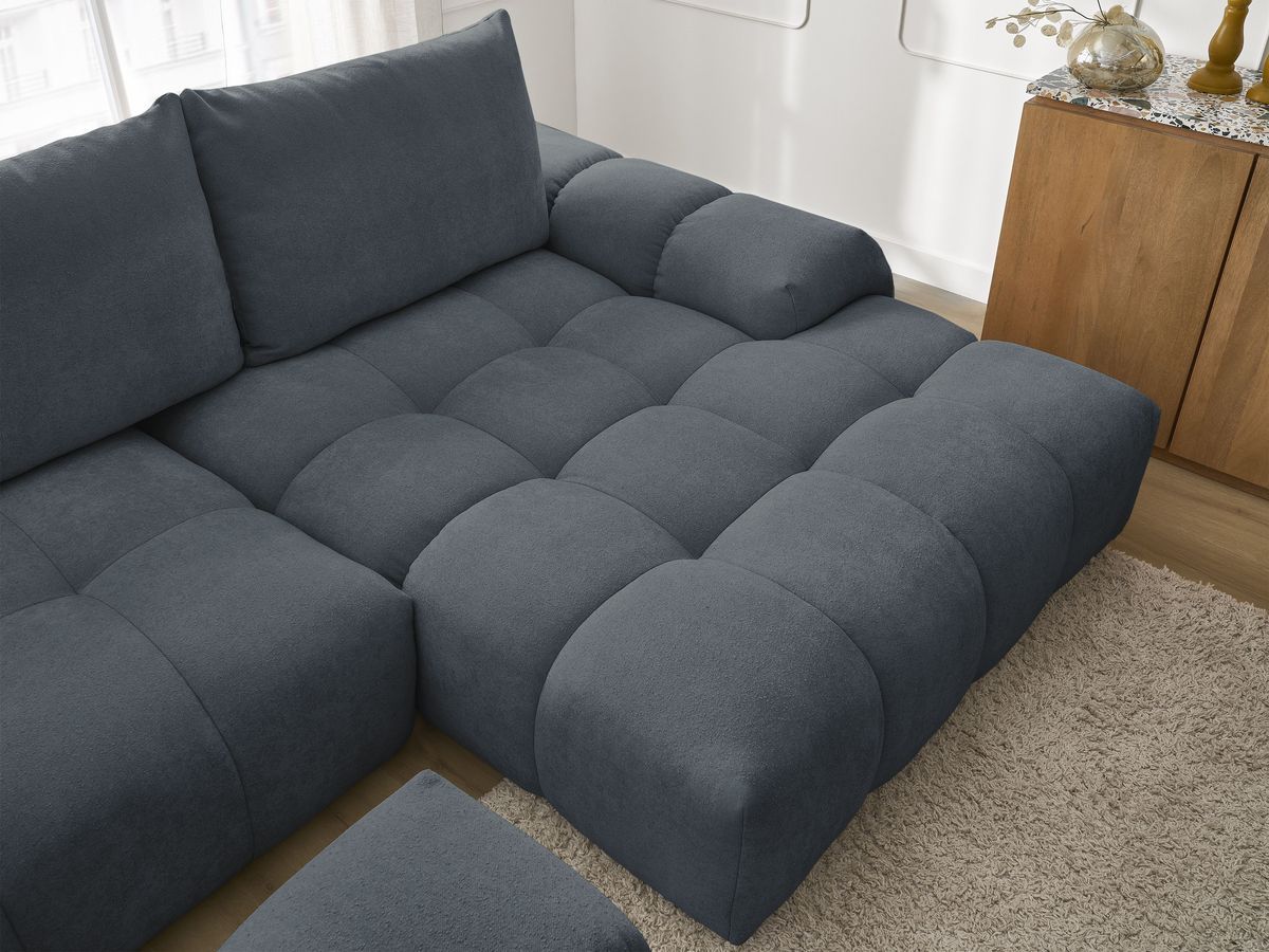 Canapé d'angle convertible coffre EVEREST tissu texturé avec pouf