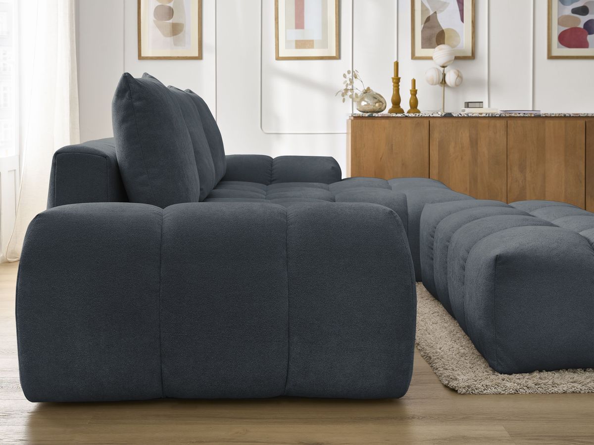 Canapé d'angle convertible coffre EVEREST tissu texturé avec pouf