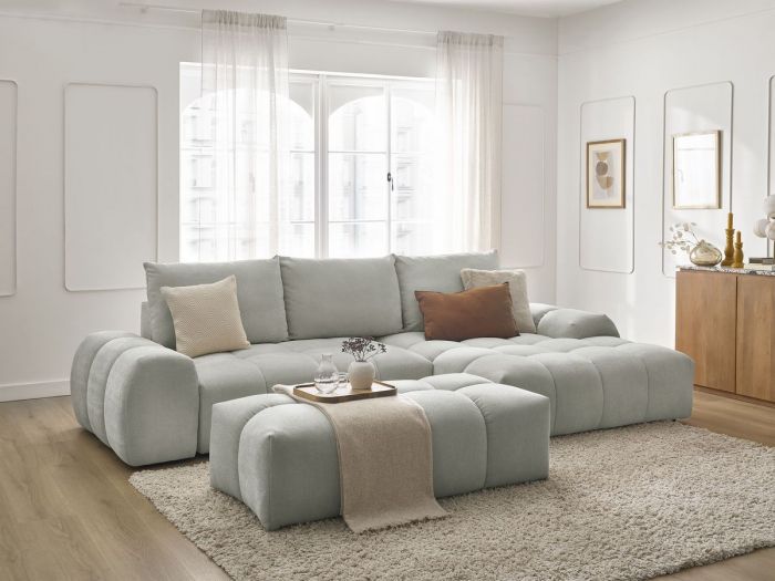 Canapé d'angle convertible coffre EVEREST tissu texturé avec pouf