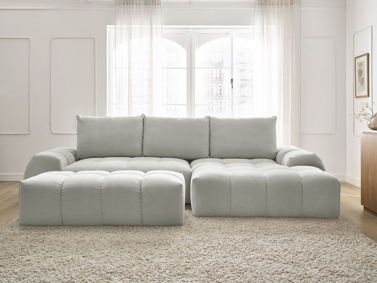 Canapé d'angle convertible coffre EVEREST tissu texturé avec pouf