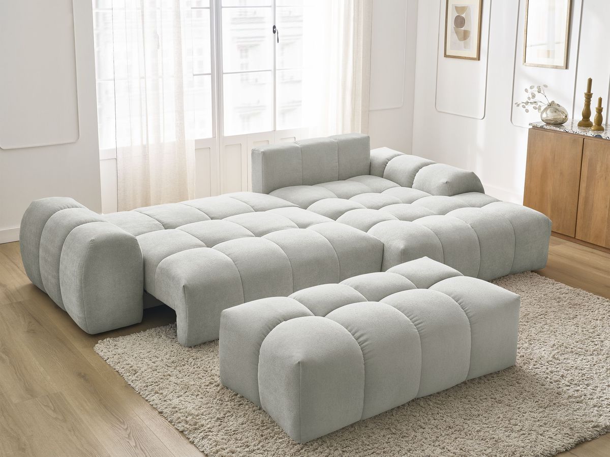 Canapé d'angle convertible coffre EVEREST tissu texturé avec pouf