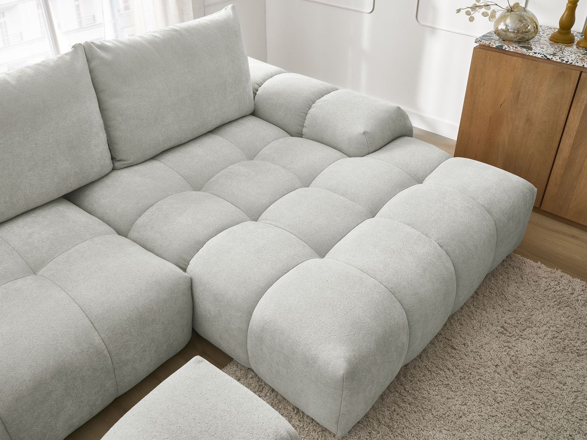 Canapé d'angle convertible coffre EVEREST tissu texturé avec pouf