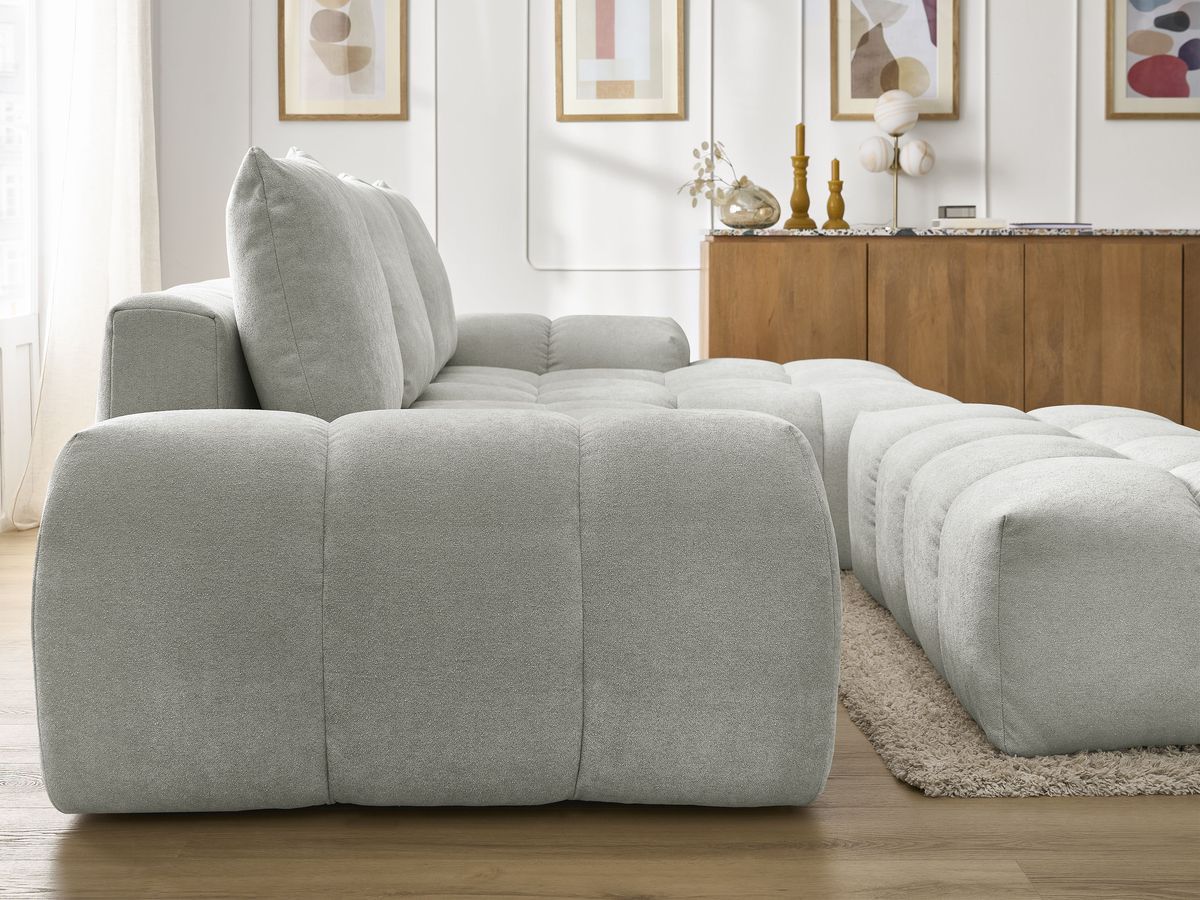 Canapé d'angle convertible coffre EVEREST tissu texturé avec pouf