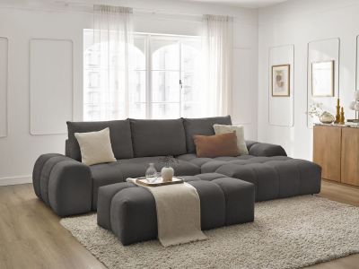 Canapé d'angle convertible coffre EVEREST tissu texturé avec pouf