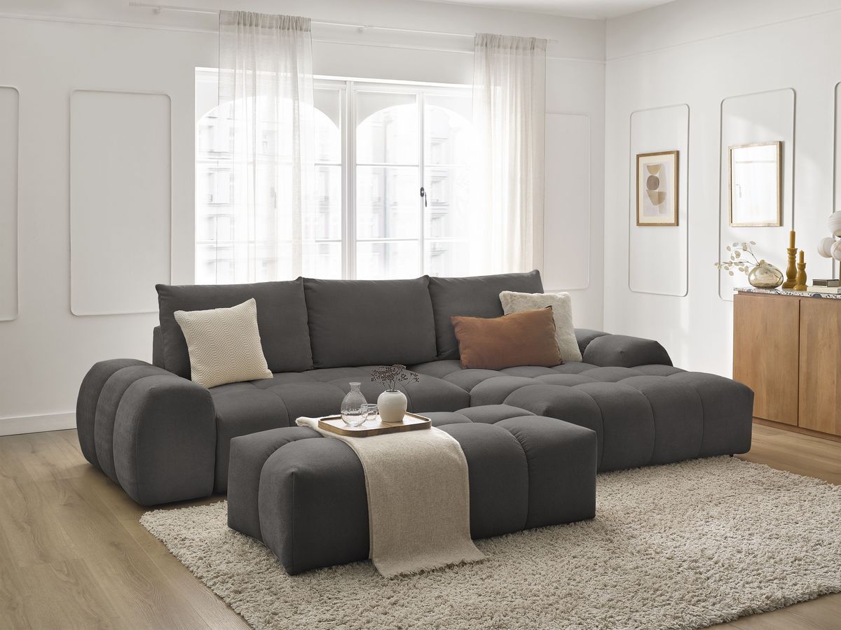 Canapé d'angle convertible coffre EVEREST tissu texturé avec pouf