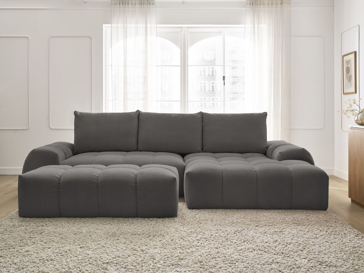 Canapé d'angle convertible coffre EVEREST tissu texturé avec pouf