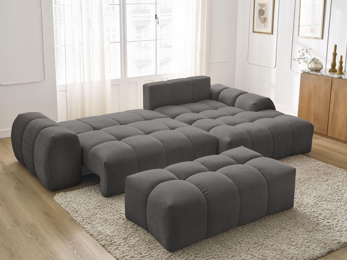 Canapé d'angle convertible coffre EVEREST tissu texturé avec pouf