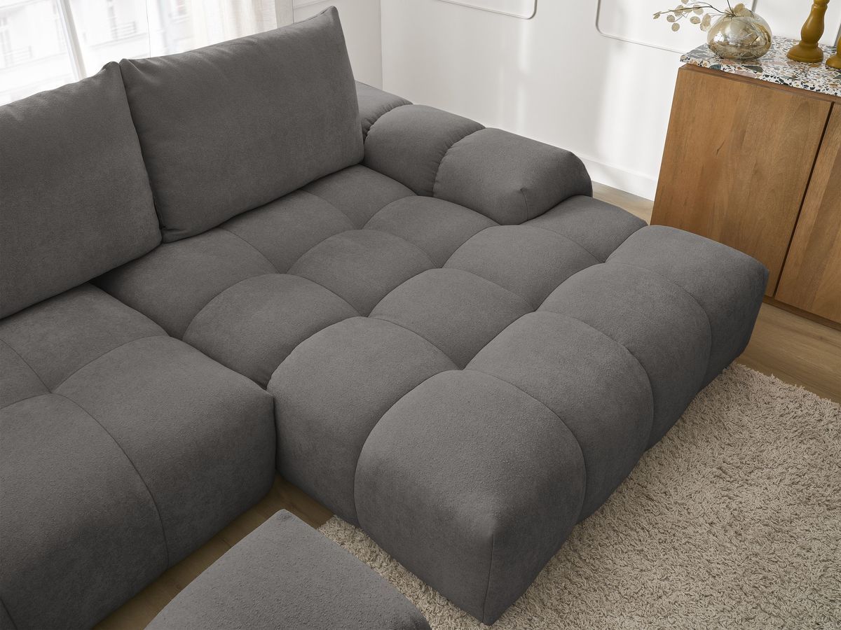 Canapé d'angle convertible coffre EVEREST tissu texturé avec pouf