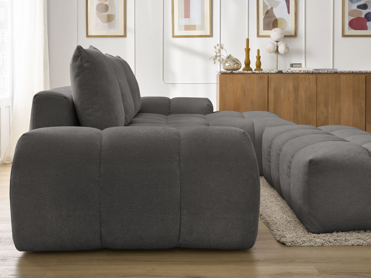 Canapé d'angle convertible coffre EVEREST tissu texturé avec pouf