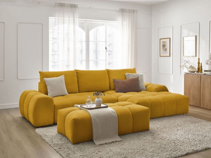 Canapé d'angle convertible coffre EVEREST tissu texturé avec pouf