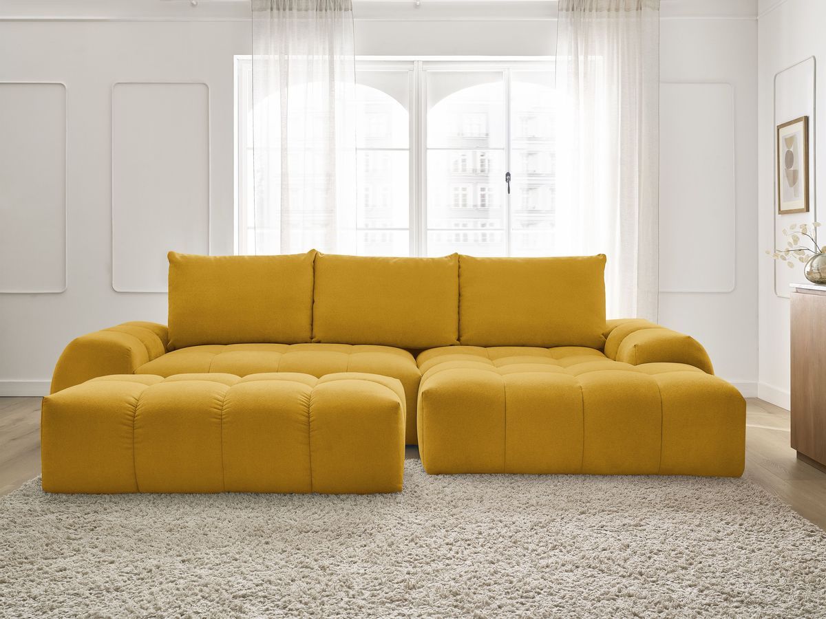 Canapé d'angle convertible coffre EVEREST tissu texturé avec pouf