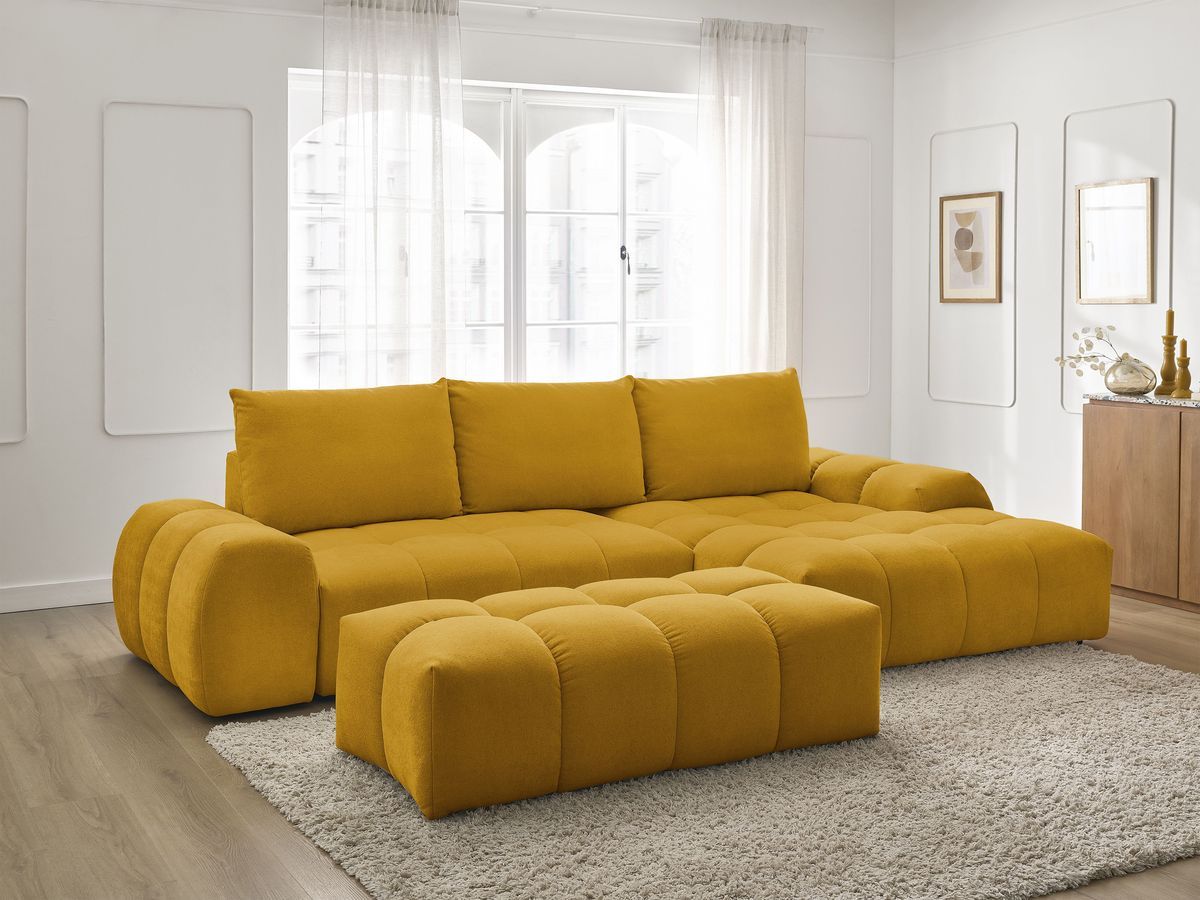 Canapé d'angle convertible coffre EVEREST texturé avec pouf jaune — vue 5